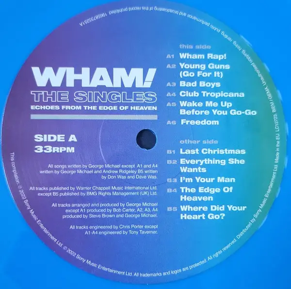 Wham! – The Singles (Echoes From The Edge Of Heaven) (2LP, Compilation, Misprint, Stereo, Blue Vinyl) - фото №4