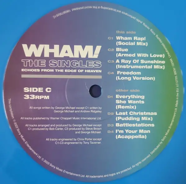 Wham! – The Singles (Echoes From The Edge Of Heaven) (2LP, Compilation, Misprint, Stereo, Blue Vinyl) - фото №6