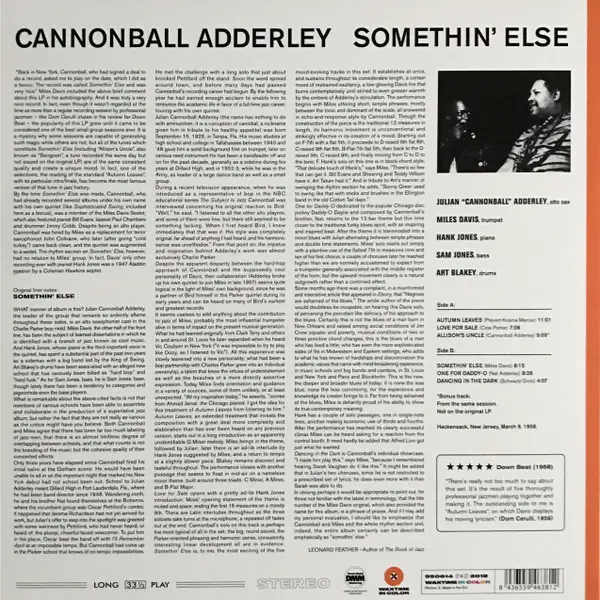 Cannonball Adderley & Miles Davis & Hank Jones & Sam Jones & Art Blakey - Somethin' Else (Orange, 180g, LP, Album, Reissue, Stereo) - фото №3