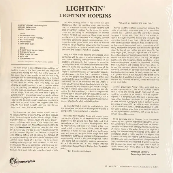 Lightnin' Hopkins - Lightnin' (The Blues Of Lightnin' Hopkins) (Clear, LP, Album, Reissue) - фото №2