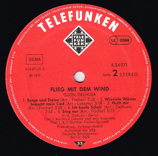 Gjon Delhusa - Flieg Mit Dem Wind (LP, Album, Stereo) - фото №4