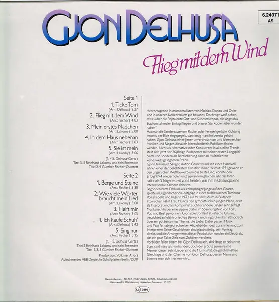 Gjon Delhusa - Flieg Mit Dem Wind (LP, Album, Stereo) - фото №2