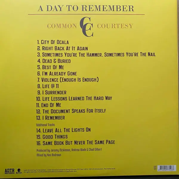 A Day To Remember - Common Courtesy (2 платівки, LP, Album, Reissue) - фото №4