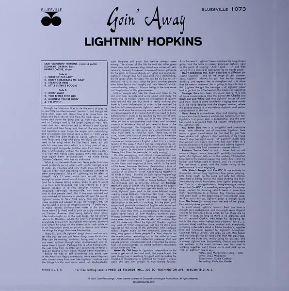 Lightnin' Hopkins - Goin' Away (180g, LP, Album, Reissue, Repress, Stereo) - фото №3