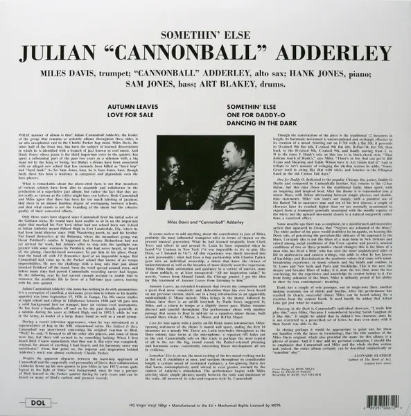 Cannonball Adderley - Somethin' Else (Blue, 180gr, LP, Album, Reissue) - фото №2