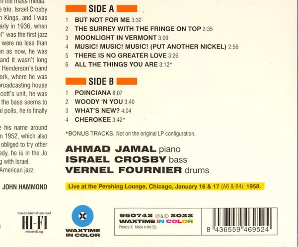 Ahmad Jamal Trio - Ahmad Jamal At The Pershing - But Not For Me (180 грам, Синій, Альбом, Лимітоване, Перевидання, Ремастеринг) - фото №7