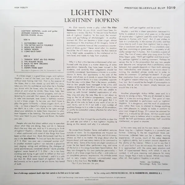 Lightnin' Hopkins - Lightnin' (The Blues Of Lightnin' Hopkins)  (200g, LP, Album, Reissue, Repress, Stereo) - фото №2