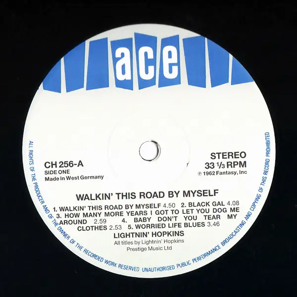 Lightnin' Hopkins - Walkin' This Road By Myself (LP, Album, Reissue) - фото №3