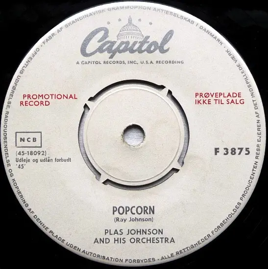 Plas Johnson And His Orchestra - Popcorn / Hoppin' Mad (Promo, Single)