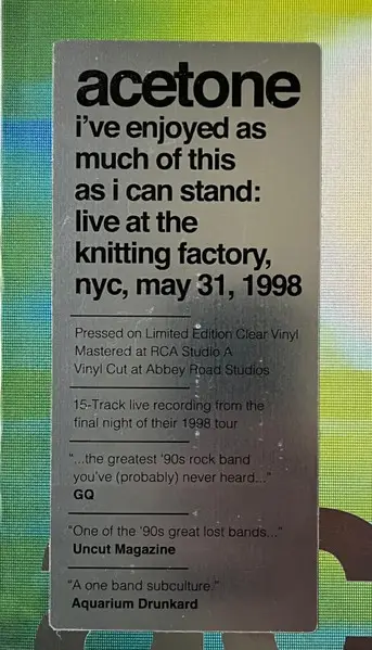 Acetone - I've Enjoyed As Much Of This As I Can Stand: Live At The Knitting Factory, NYC: May 31, 1998 (2 пластинки, Clear, LP) - фото №10