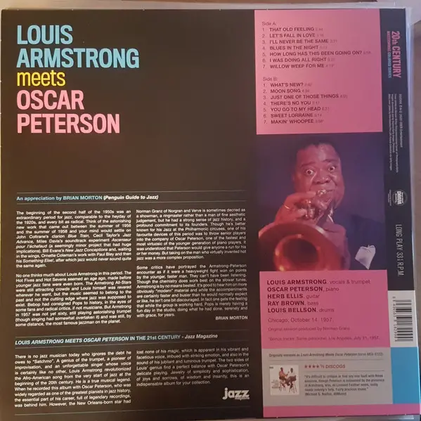 Louis Armstrong & Oscar Peterson - Louis Armstrong Meets Oscar Peterson (Жёлтый, Альбом, Лимитированое, Переиздание, Моно) - фото №3