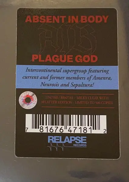 Absent In Body - Plague God (Clear, Cyan, Blue, Black, Splatter, LP, Album) - фото №2