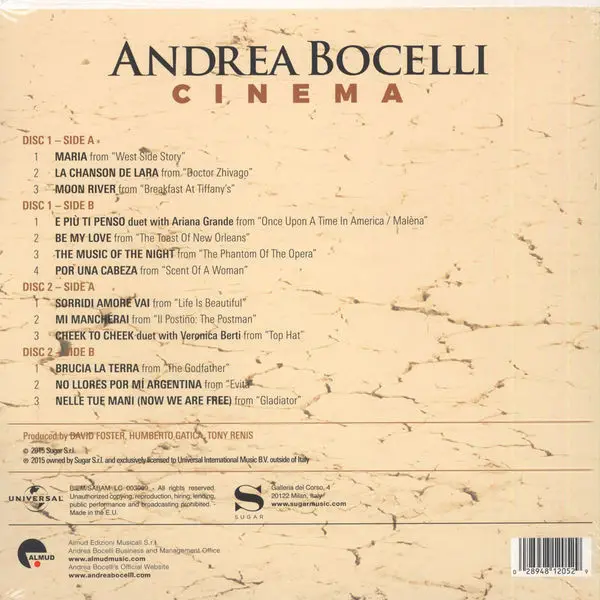 Andrea Bocelli - Cinema (Deluxe Edition) (2 платівки, 180 грам, Альбом, Лимітоване) - фото №2