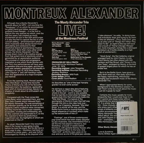 The Monty Alexander Trio - Montreux Alexander - Live! At The Montreux Festival (180 грам, Альбом, Record Store Day, Перевидання) - фото №2