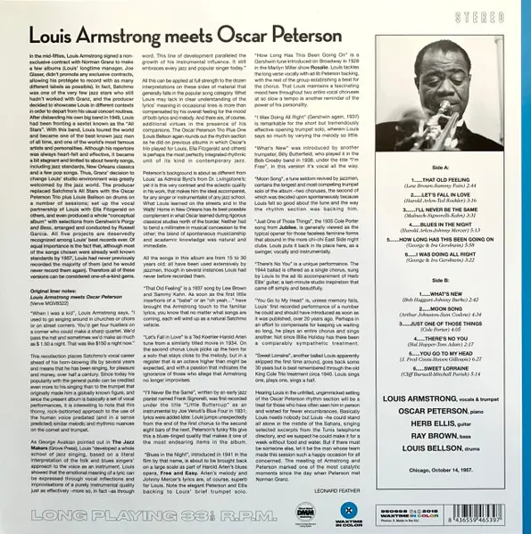 Louis Armstrong & Oscar Peterson - Louis Armstrong Meets Oscar Peterson (Синий, 180 грамм, Альбом, Лимитированое, Переиздание) - фото №3