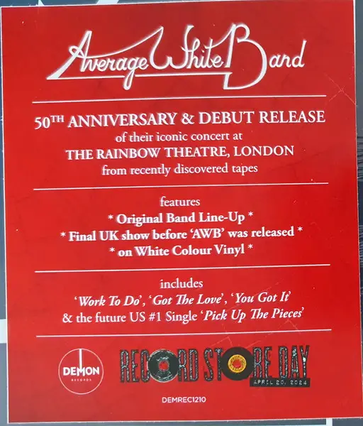 Average White Band - Live At The Rainbow Theatre, 1974 (Белый, Альбом, Record Store Day) - фото №2