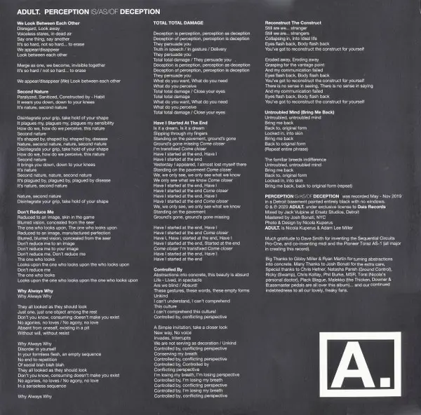 ADULT. - Perception Is / As / Of Deception (LP, Album) - фото №5