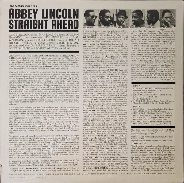 Abbey Lincoln - Straight Ahead (LP, Album, Reissue, Remastered, Stereo) - фото №2