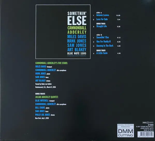 Cannonball Adderley - Somethin' Else (LP, Album, Reissue, Remastered, Stereo) - фото №2