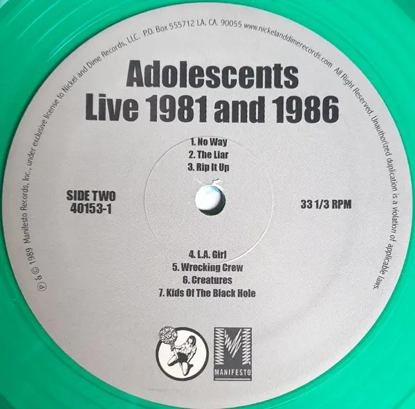 Adolescents - Live 1981 And 1986 (Green, LP, Album, Reissue) - фото №4