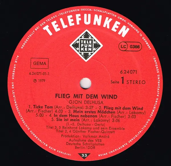 Gjon Delhusa - Flieg Mit Dem Wind (LP, Album, Stereo) - фото №3