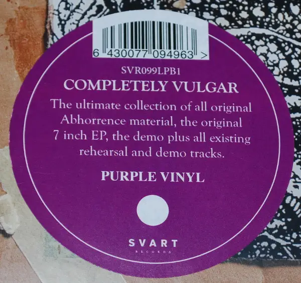 Abhorrence - Completely Vulgar (2 платівки, Purple, LP, Compilation, Reissue) - фото №3