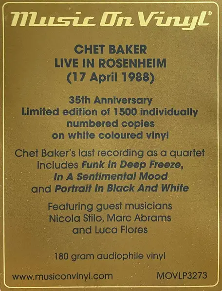 Chet Baker - Chet Baker's Last Recording As Quartet (2 платівки, Білий, 180 грам, Альбом, Лимітоване, Пронумерований, Перевидання) - фото №2