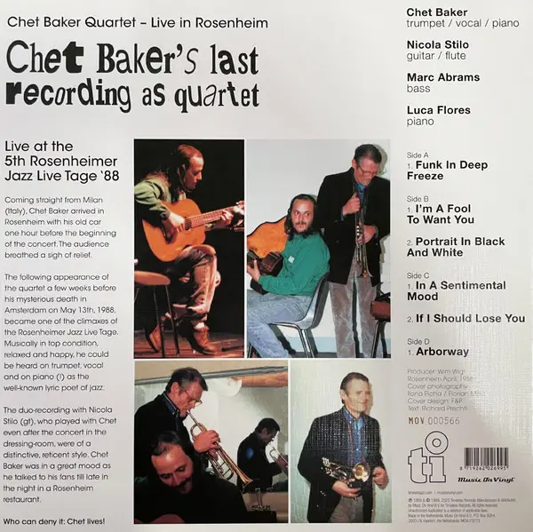 Chet Baker - Chet Baker's Last Recording As Quartet (2 платівки, Білий, 180 грам, Альбом, Лимітоване, Пронумерований, Перевидання) - фото №4