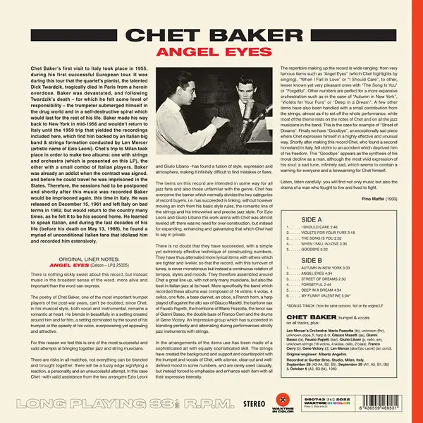 Chet Baker & Len Mercer And His Orchestra - Sings And Plays With Len Mercer And His Orchestra – Angel Eyes (180 грам, Червоний, Кольоровий, Альбом, Лимітоване, Перевидання) - фото №2