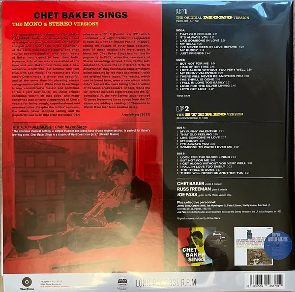 Chet Baker - Chet Baker Sings: The Mono & Stereo Versions 2LP (2 платівки, Перевидання, Моно) - фото №4
