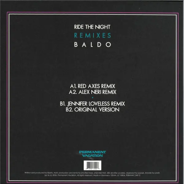 Baldo - Ride The Night Remixes (33 ⅓ об/мин, EP) - фото №2
