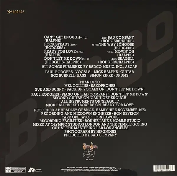 Bad Company - Bad Company (2 платівки, 180 грам, Розкладна обкладинка, 45 об/хв, Альбом, Лимітоване, Пронумерований, Перевидання, Ремастеринг) - фото №3