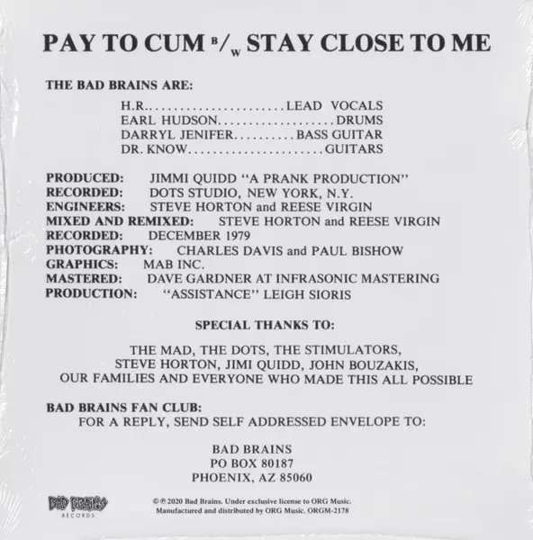 Bad Brains - Pay To Cum! (45 об/мин, Сингл, Переиздание, Ремастеринг) - фото №2
