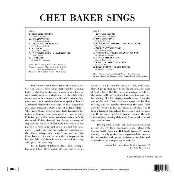 Chet Baker - Chet Baker Sings (Розкладна обкладинка, 180 грам, Альбом, Перевидання) - фото №2