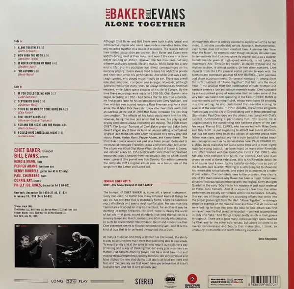 Chet Baker & Bill Evans - Alone Together  (Червоний, 180 грам, Альбом, Лимітоване, Перевидання) - фото №2