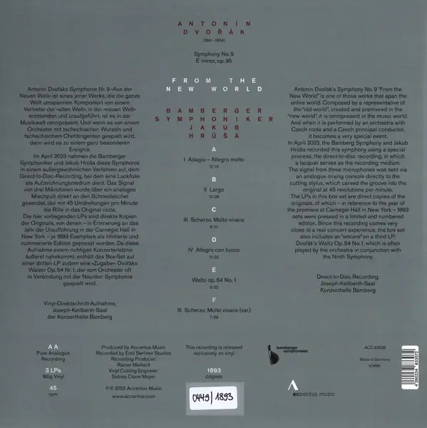 Antonín Dvořák & Bamberger Symphoniker & Jakub Hrůša - Symphony No. 9 In E Minor, Op. 95 'From The New World' (3 пластинки, 140 грамм, 45 об/мин, Лимитированое, Пронумерованный) - фото №2
