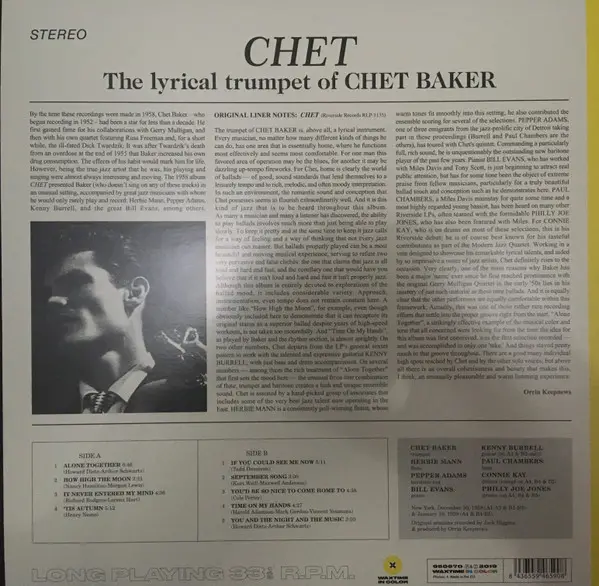 Chet Baker - Chet (Жовтий, 180 грам, Альбом, Лимітоване, Перевидання) - фото №3