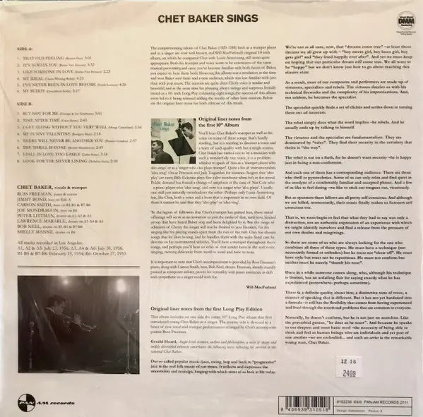 Chet Baker - Chet Baker Sings (180 грам, Альбом, Лимітоване, Перевидання, Ремастеринг) - фото №2