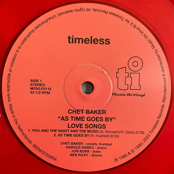 Chet Baker - As Time Goes By (Love Songs) (2 платівки, 180 грам, Напівпрозорий, Червоний, Альбом, Лимітоване, Пронумерований, Перевидання) - фото №3