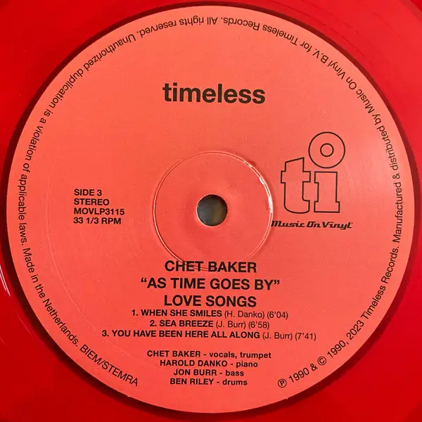 Chet Baker - As Time Goes By (Love Songs) (2 платівки, 180 грам, Напівпрозорий, Червоний, Альбом, Лимітоване, Пронумерований, Перевидання) - фото №5
