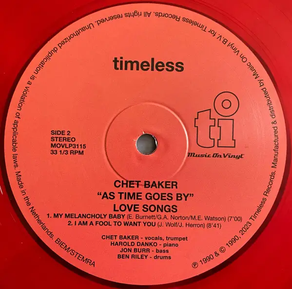 Chet Baker - As Time Goes By (Love Songs) (2 платівки, 180 грам, Напівпрозорий, Червоний, Альбом, Лимітоване, Пронумерований, Перевидання) - фото №4