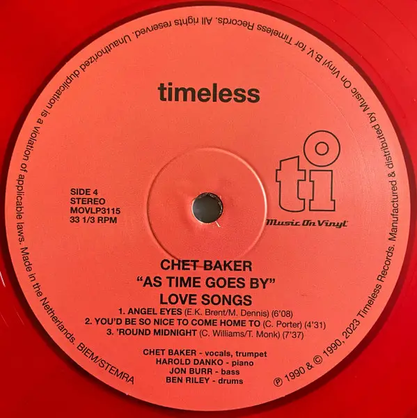 Chet Baker - As Time Goes By (Love Songs) (2 платівки, 180 грам, Напівпрозорий, Червоний, Альбом, Лимітоване, Пронумерований, Перевидання) - фото №6