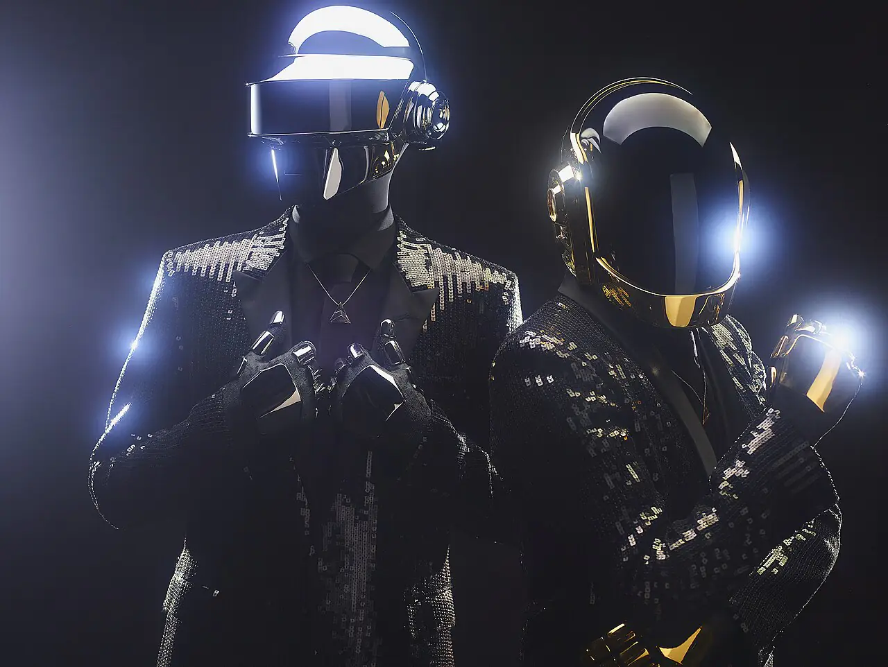 Daft Punk в шлемах и чёрных костюмах с блёстками